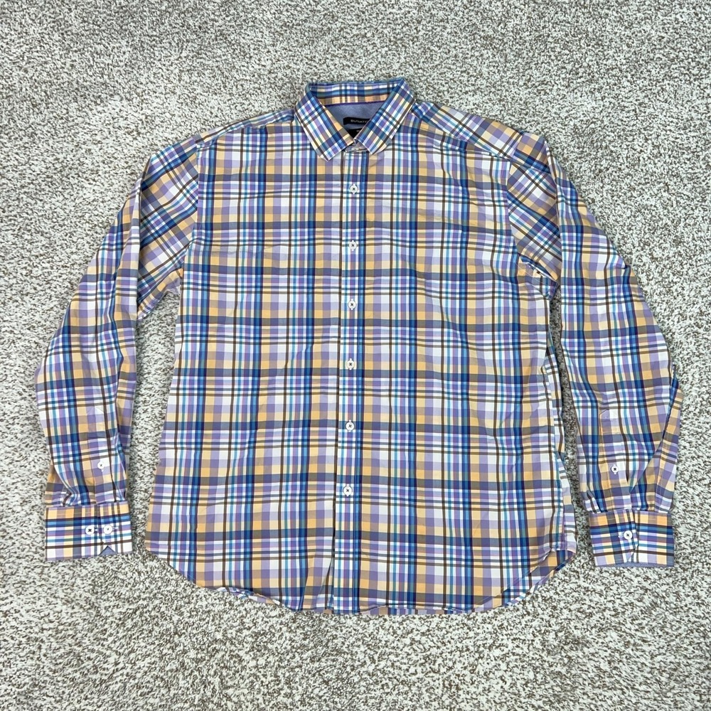 Bugatchi Shirt Mens Extra Large Blue Plaid Long Sleeve Button Slim Fit Casual